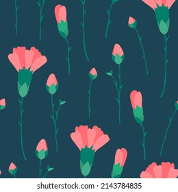 Seamless carnation flower pattern. Floral background, wallpaper, wrapping, packing paper. Elegance pattern with realistic pink flowers.