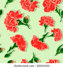 Seamless Carnations on green background.