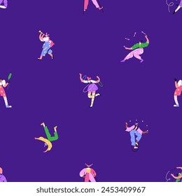 Seamless carnival pattern. Festival background with circus artists, acrobat, clown, harlequin, juggler, carnaval characters. Endless holiday print for fabric, wrapping design. Flat vector illustration