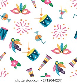 Patrón de carnaval sin fisuras con máscaras y bebidas. Texturas infinitas para tu diseño	