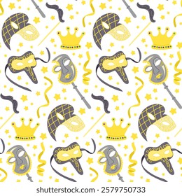 Seamless carnival pattern with yellow and gray decorative masks, crowns, ribbons, and stars on a white background, creating a festive and elegant design for celebrations and events