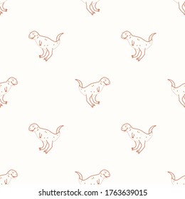 Seamless Carnotaurus dinosaur with foot print gender neutral baby pattern. Simple whimsical minimal earthy 2 tone color. Kids nursery wallpaper or boho cartoon animal fashion all over print