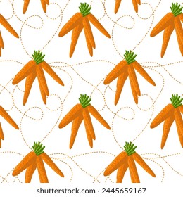 Seamless carrot bouquet pattern with hand drawn doodles.  Leica. Vegetable ingredient. 