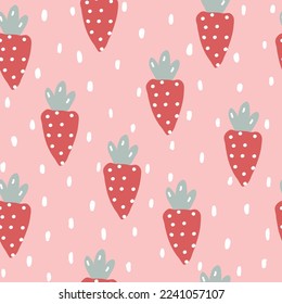 Seamless carrot pattern with carrots and white dots on a pink background.