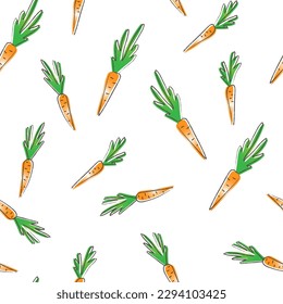 Patrón de zanahoria sin foco al estilo de doodle. Ilustración del vector de color con gradiente. Contemplar usando línea texturada. Una verdura naranja saludable. Vegetarismo. Fondo, papel de envoltura, papel pintado, tela