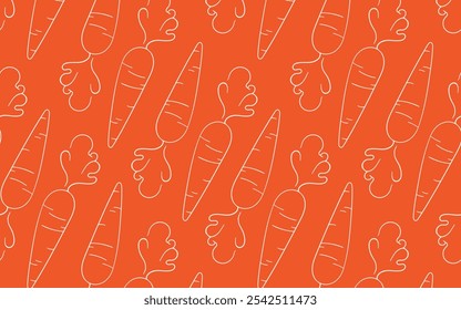 Seamless carrot pattern in line art style on orange background. Ideal for healthy food design, eco packaging, textile, kitchen decor, and vegetable themed project.