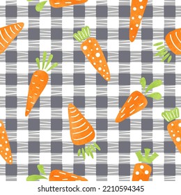 Seamless carrot pattern. Vector food background with red watercolor cartoon carrots. Textile print, fabric design