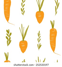 Seamless carrots pattern. Cartoon kitchen vector background with hand drawn elements