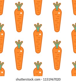 Seamless carrots pattern, cartoon style stylized carrots with dark orange outline. On white background.
