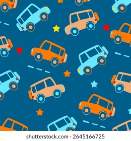 seamless cars cartoon orange and blue pattern for kids apparel fullprint fabric design.This design is suitable for children's clothing textile industry