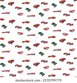 Seamless car-themed pattern featuring classic, vintage, and modern cars in bold colors. Ideal for automotive designs, wallpapers, gift wrap, and creative textile prints. Fun and dynamic vehicle design