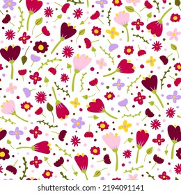 Seamless cartoon abstract flower pattern. Color floret on white background. Hand-drawn plant, petal. Stylized peonies, rose, tulip, chamomile. Summer romantic floral dot ornament. Vector illustration