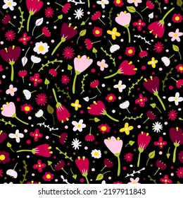 Dibujo sin foco sobre el patrón abstracto de flor. Color floret sobre fondo negro. Planta extraída a mano, pétalo. peonías estilizadas, rosa, tulipán, camomila. Ornamento veraniego romántico de punto floral. Ilustración del vector