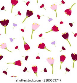 Patrón de flores abstractas de caricatura sin foco. Color floret sobre fondo blanco. Plantas extraídas a mano, pétalos. peonías estilizadas, rosas, tulipanes, lirios. Ornamento floral romántico de verano. Ilustración del vector