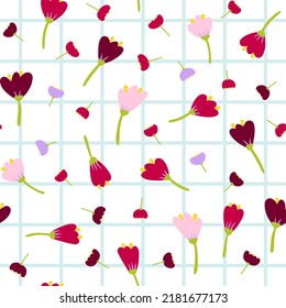 Seamless cartoon abstract flowers pattern. Color floret on blue checkered background. Hand-drawn plants, petals. Stylized peonies, roses, tulips. Summer romantic floral ornament. Vector illustration