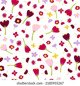 Seamless cartoon abstract flowers pattern. Color floret on white background. Hand-drawn plants, petals. Stylized peonies, roses, tulips, chamomile. Summer romantic floral ornament. Vector illustration