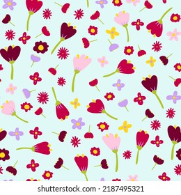 Seamless cartoon abstract flowers pattern. Color floret on blue background. Hand-drawn plants, petals. Stylized peonies, roses, tulips ,chamomile. Summer romantic floral ornament. Vector illustration