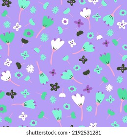 Seamless cartoon abstract flowers pattern. Color floret on violet background. Hand-drawn plant, petals. Stylized peonies, roses, tulips ,chamomile. Summer romantic floral ornament. Vector illustration