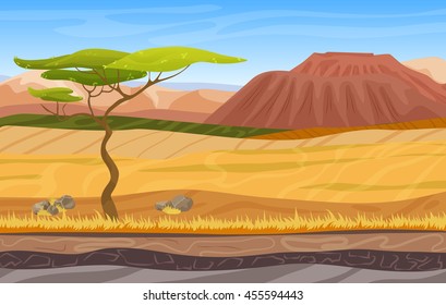 Seamless cartoon african panorama savanna landscape with tree, mountains, yellow grass and sand