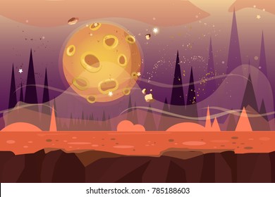 Seamless cartoon alien desert landscape. Vector unending background with ground, rocks, sand-dunes, planet and sky layers.