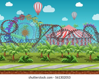 Seamless cartoon amusement park, summer landscape, vector unending background with separated layers for game.