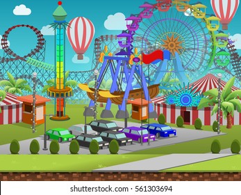 Seamless cartoon amusement park, summer landscape, vector unending background with separated layers for game.