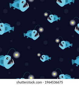 Seamless cartoon angler fish pattern. Vector marine background with anglers.