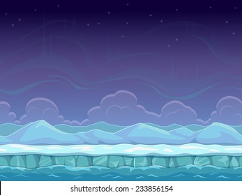 Seamless cartoon arctic landscape, unending background with ice, snow hills and cloudy sky layers