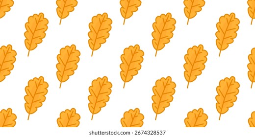 Patrón de hojas de otoño de dibujos animados sin costuras. Hojas de roble amarillo dispuestas en dibujos animados planos sin patrón. Ilustración estacional brillante sobre fondo blanco.
