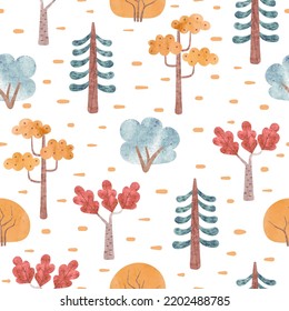 Seamless cartoon autumn trees pattern. Vector watercolor fall background