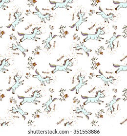 Seamless cartoon baby unicorn pattern with handmade sign unicorn and sparkles for your design