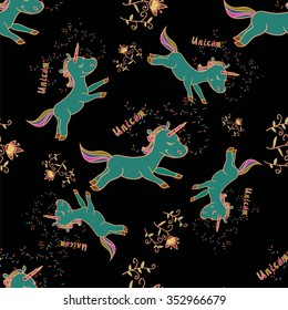 Seamless cartoon baby unicorn pattern with handmade sign unicorn and sparkles for your design
