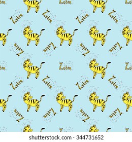 Seamless cartoon baby zebra pattern with handmade sign zebra and sparkles for your design
