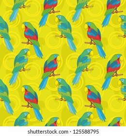 Seamless cartoon background: colored parrots sits on a wooden poles. Vector