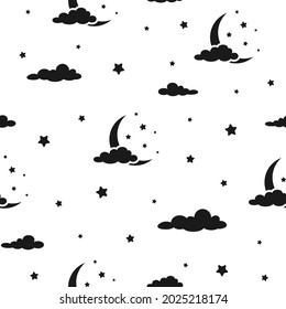 Seamless cartoon background with crescent moon, clouds and stars. Night, sky, dream, sleep pattern. Vector illustration. Childish cute wallpaper. 