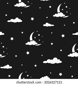 Seamless cartoon background with crescent moon, clouds and stars. Night, sky, dream, sleep pattern. Vector illustration. Childish cute wallpaper. 