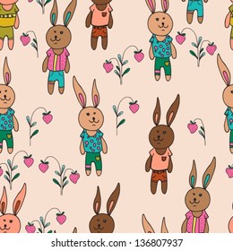 Seamless cartoon Background with Funny Hare for design, Vector
