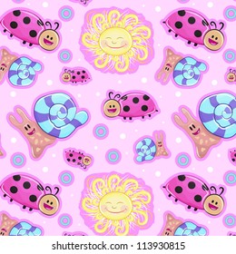 Seamless cartoon background with ladybug, snail and sun