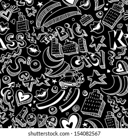 Seamless cartoon background with lips, hearts, stars