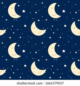 Seamless cartoon background with stars and cute moon. Background for decoration children books, clothes, books and etc.