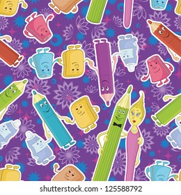 Seamless cartoon background, stationery family: pencils, brushes, tubes, erasers and pencil sharpeners. Vector