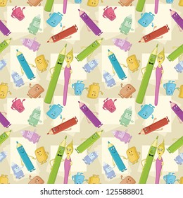 Seamless cartoon background, stationery family: pencils, brushes, tubes, erasers and pencil sharpeners. Vector