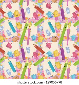 Seamless cartoon background, stationery family: pencils, brushes, tubes, erasers and pencil sharpeners. Vector