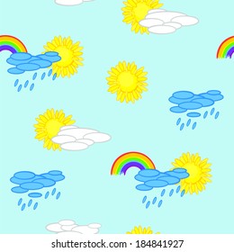 Seamless cartoon background with sun, clouds and rainbow