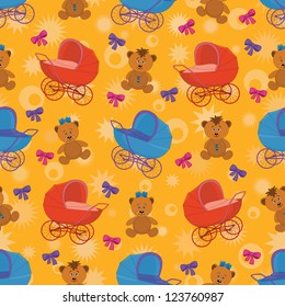 Seamless cartoon background: teddy bears, prams and bows. Vector