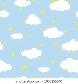 Seamless cartoon background with white clouds and yellow stars on blue sky. Overcast pattern. Vector illustration. Childish cute wallpaper. 