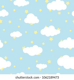 Seamless cartoon background with white clouds and yellow stars on blue sky. Overcast pattern. Vector illustration. Childish cute wallpaper. 