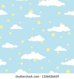 Seamless cartoon background with white clouds and yellow stars on blue sky. Overcast pattern. Vector illustration. Childish cute wallpaper. 