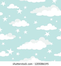 Seamless cartoon background with white clouds and shabby stars on turquoise sky. Overcast pattern. Vector illustration. Childish cute wallpaper. 