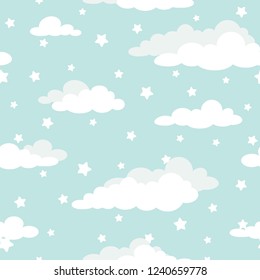 青緑色の空にシームレスなカートーンの背景に白い雲とみすぼらしい星 曇り模様 ベクターイラスト 子供じみたかわいい壁紙 のベクター画像素材 ロイヤリティフリー Shutterstock